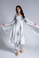 Ripple Effect - White & Hard Coal Embroidered Anarkali